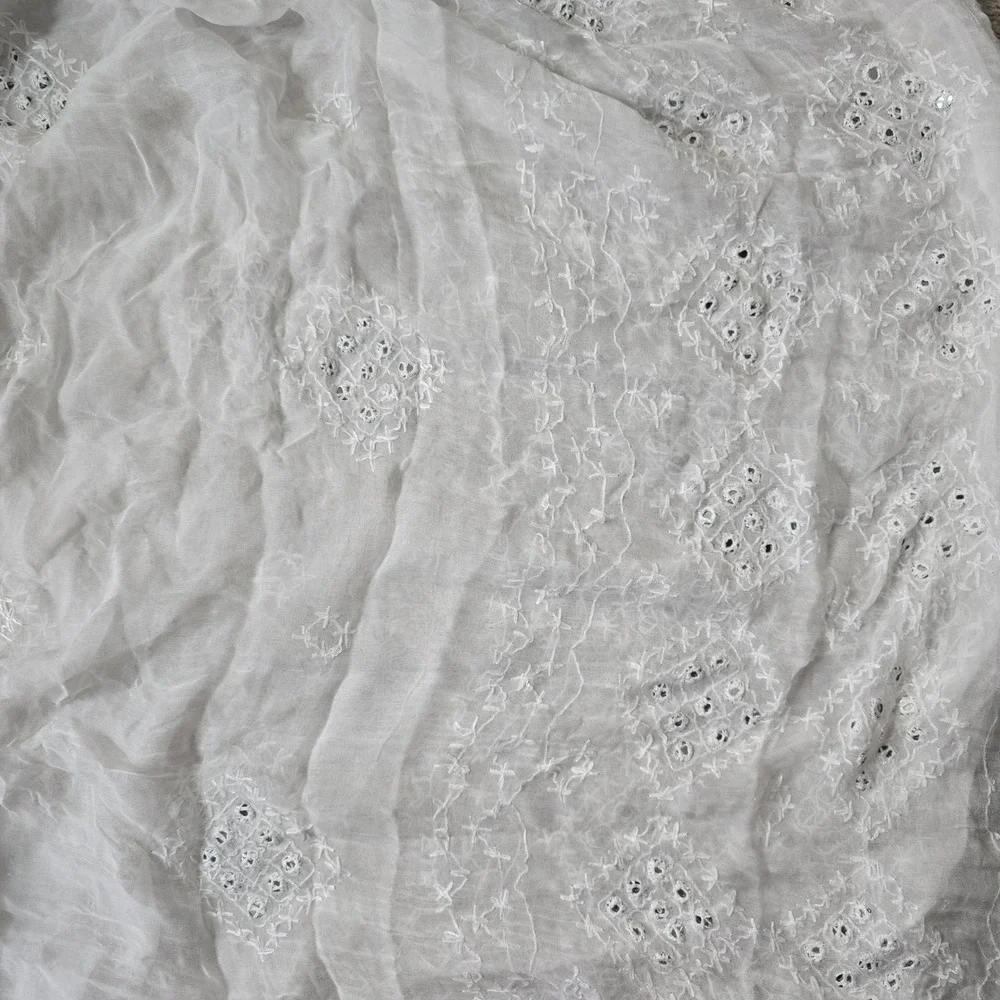 White Glass Embroidered Cottage Fairy Oversized Whimsy Boho Floral Scarf Wrap OS